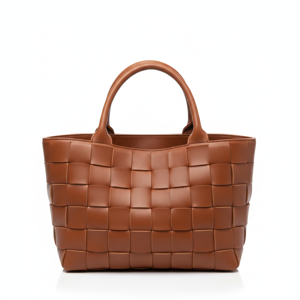Cognac braided leather tote bag front view