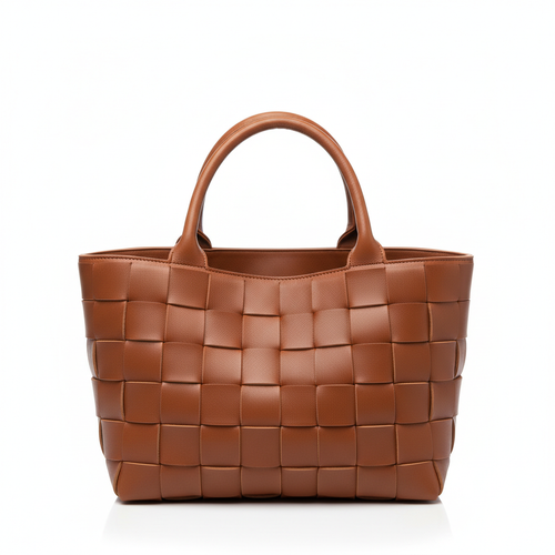 Cognac braided leather tote bag front view
