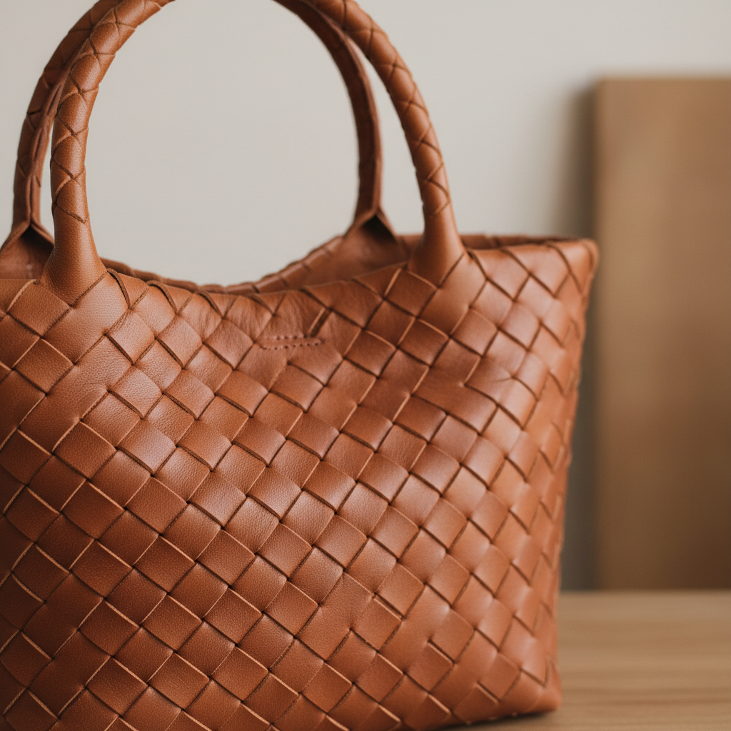 Cognac braided leather tote close up texture