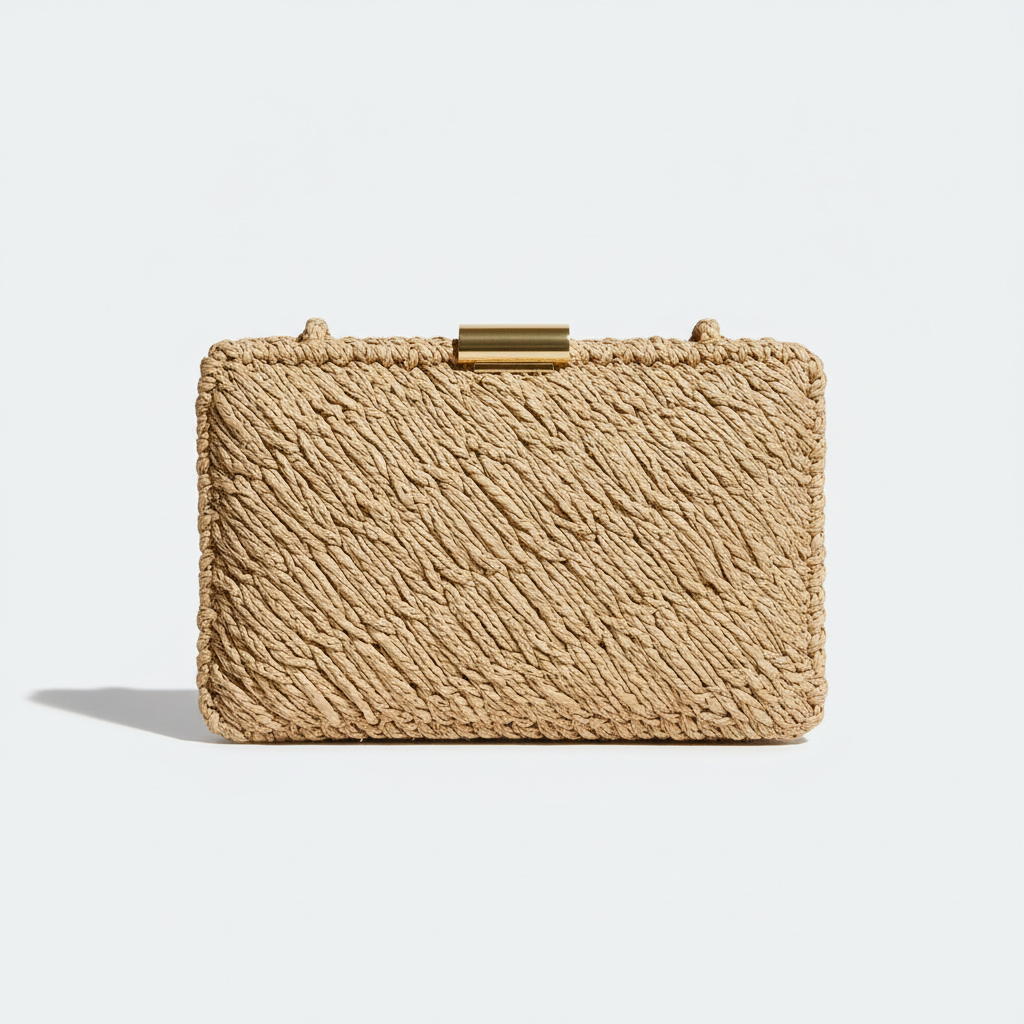 Braided clutch in natural straw and raffia