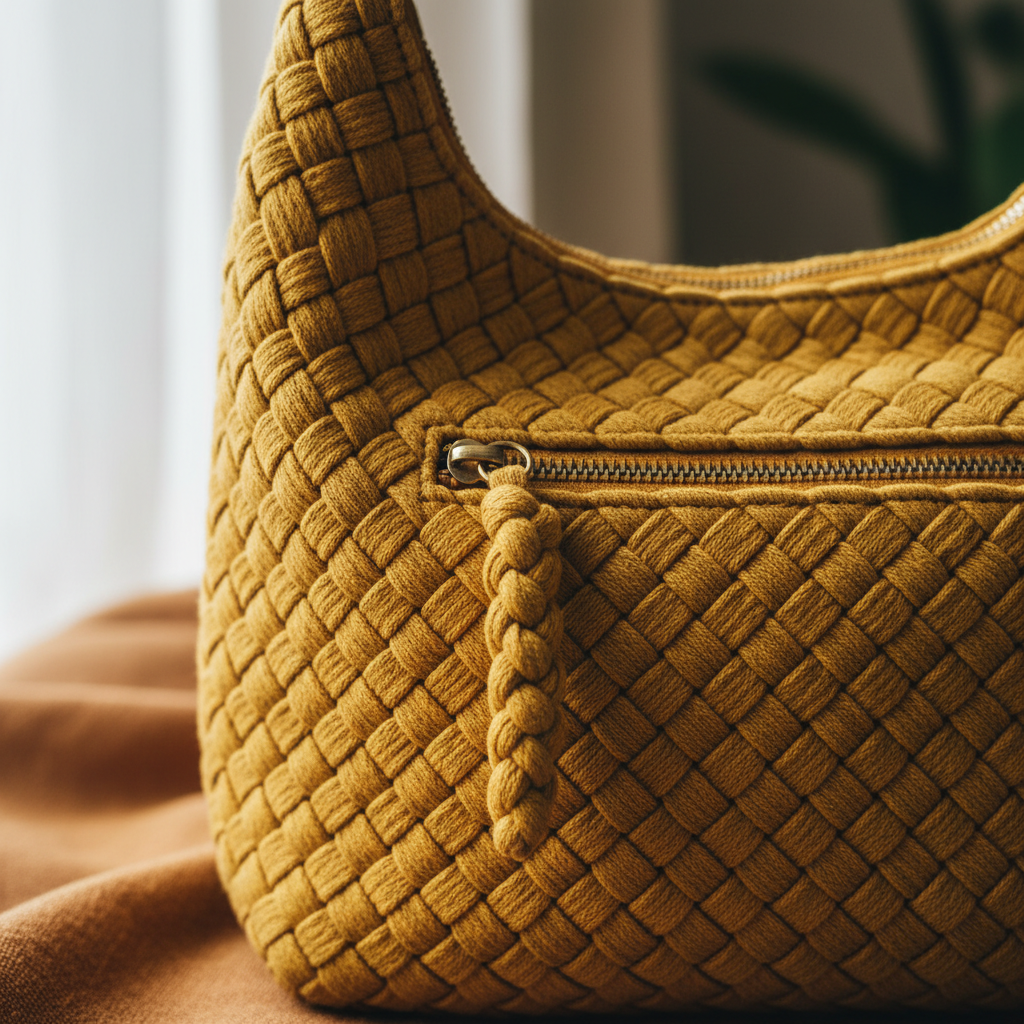 Mustard braided hobo bag zipper detail