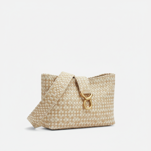 Woven shoulder bag in beige and cream tones