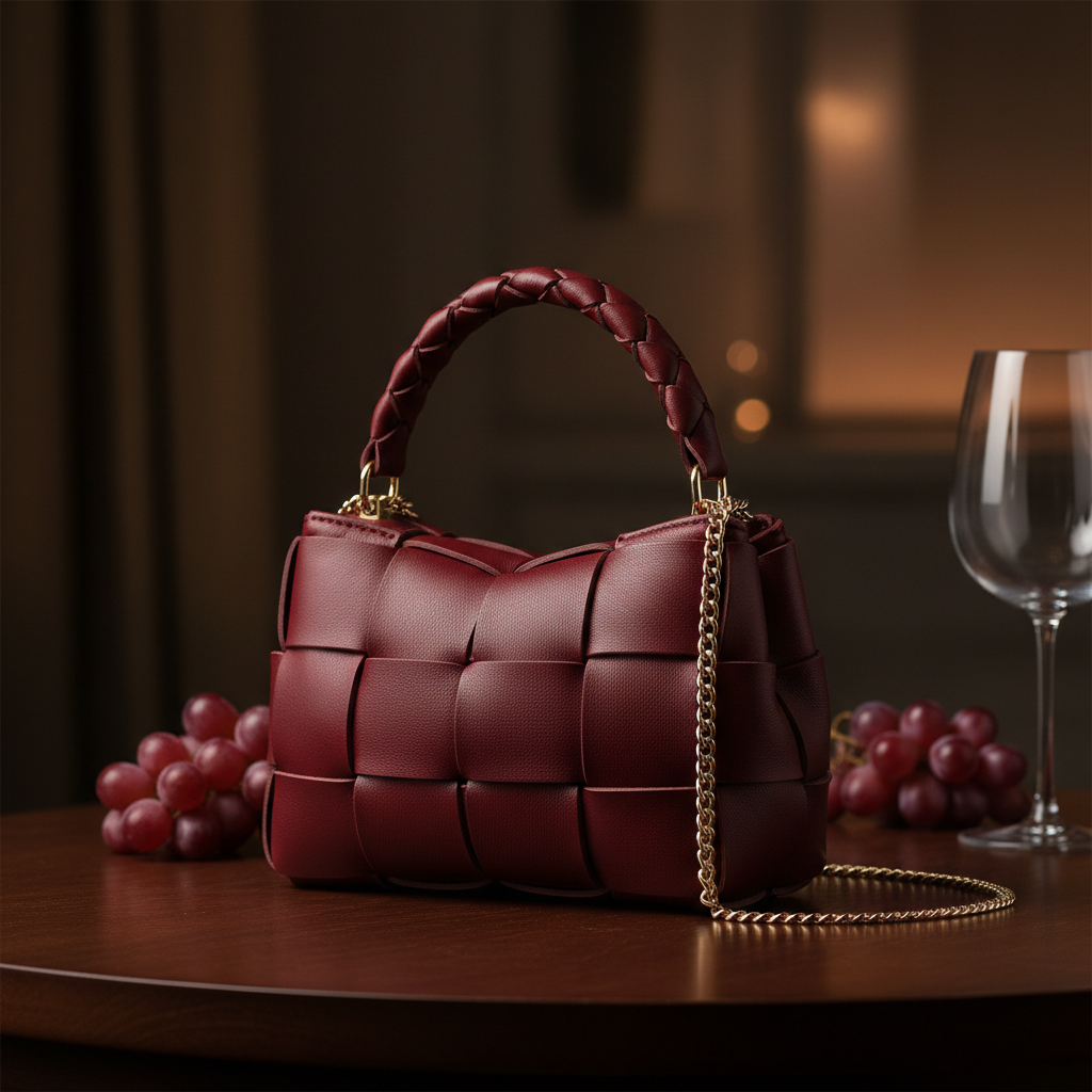 Burgundy braided mini bag lifestyle shot