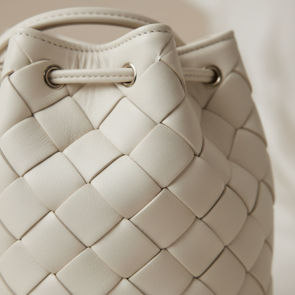 Ivory braided bucket bag texture detail