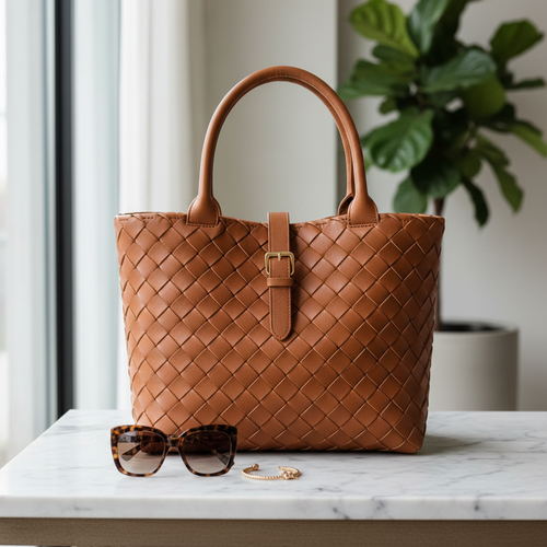 Cognac braided leather tote lifestyle shot