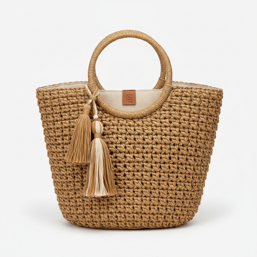 Camel raffia beach tote front view