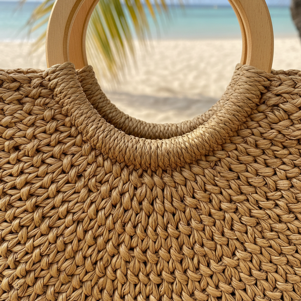 Camel raffia beach tote handle detail
