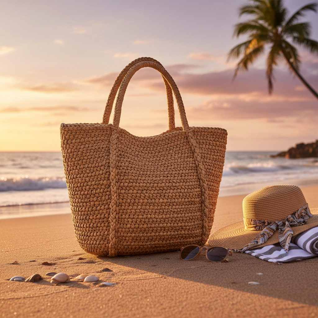 Camel raffia beach tote on sandy beach