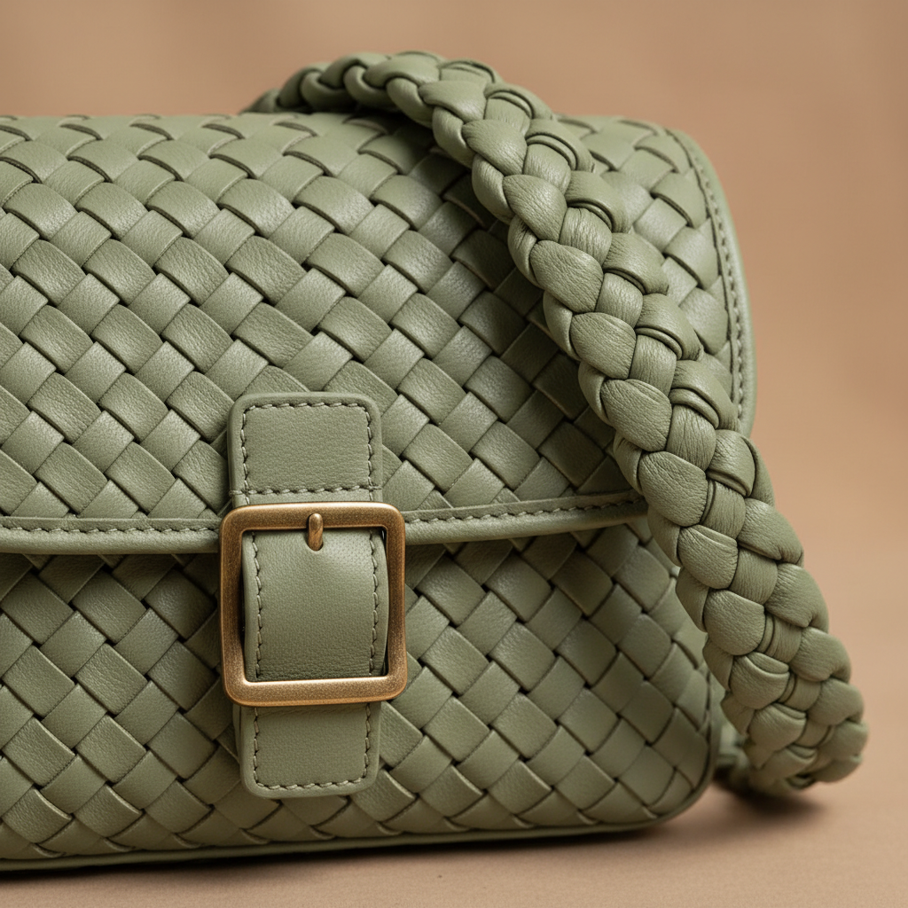 Sage braided satchel buckle detail