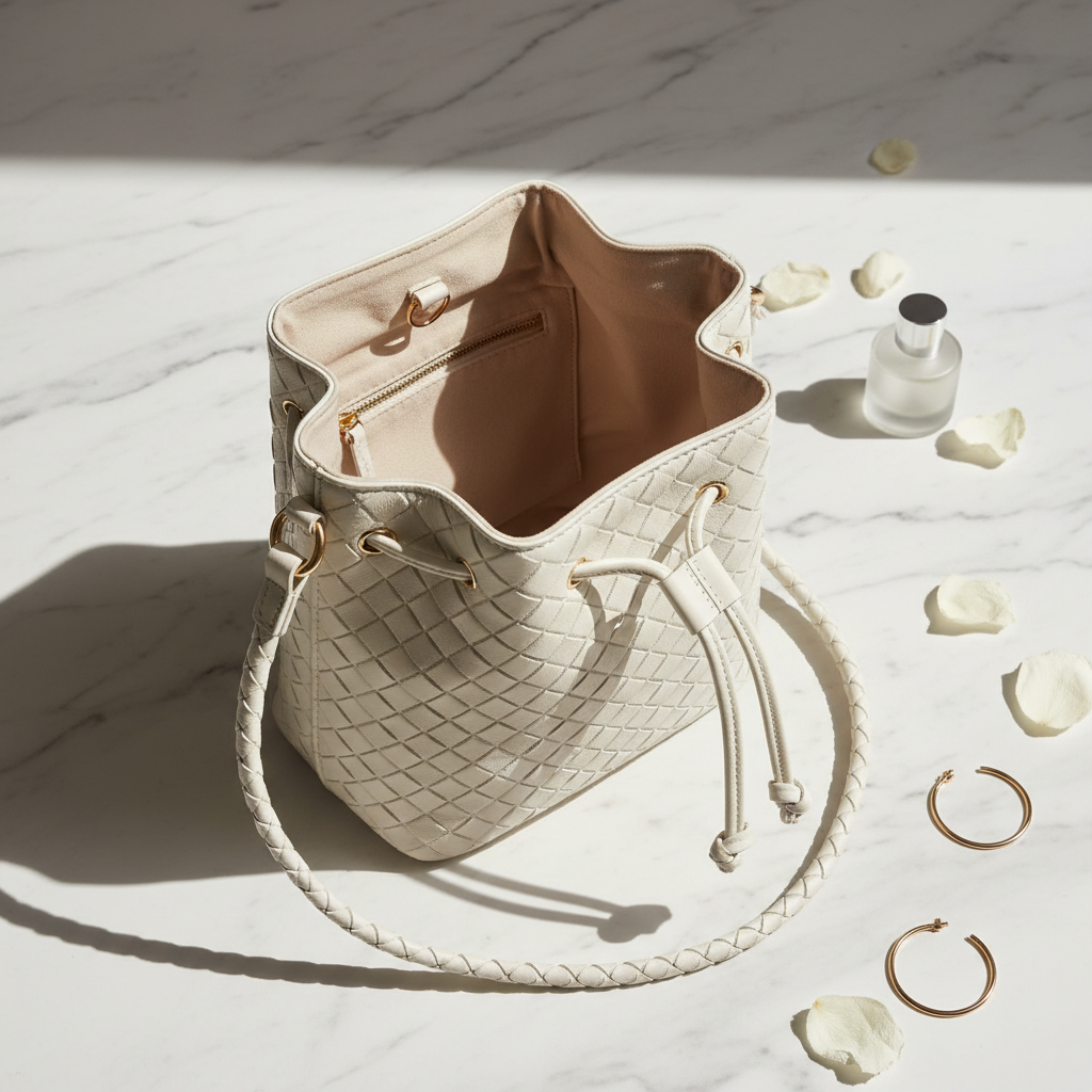 Ivory braided bucket bag top down view