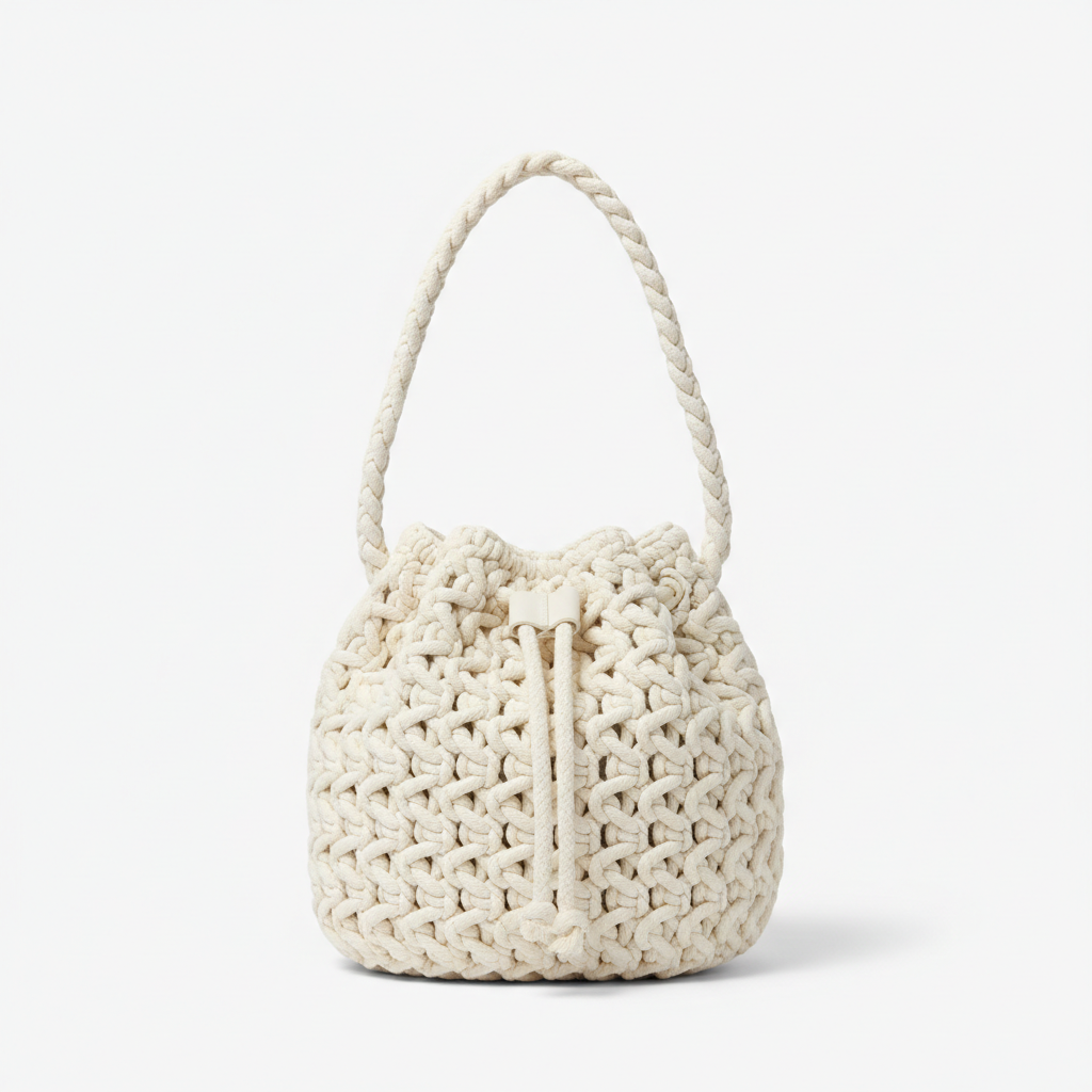 Ivory braided bucket bag front view